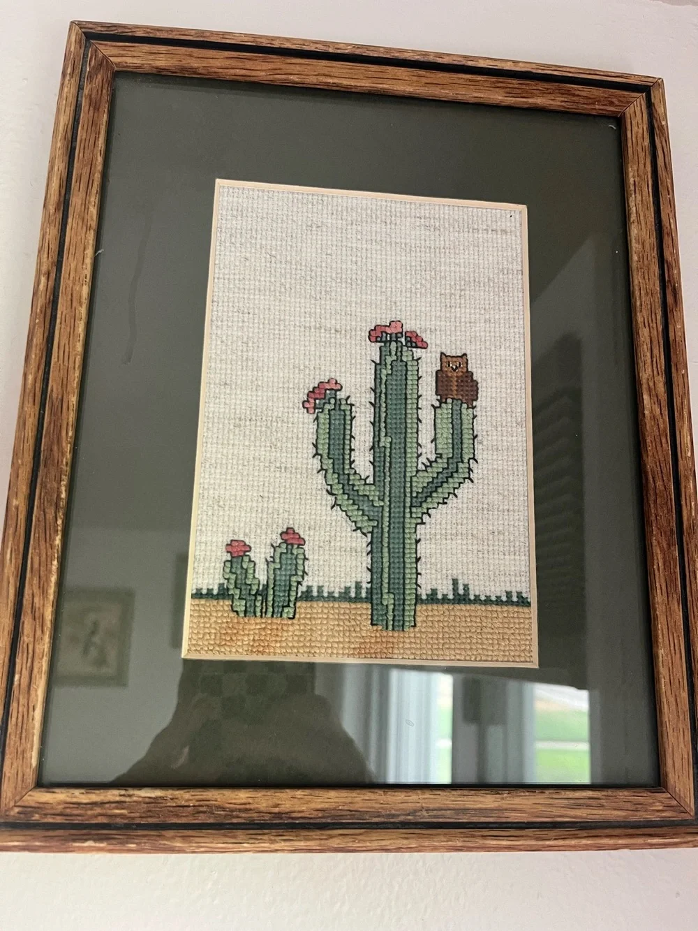 1970’s  Framed Cross Stitch Cactus with Owl